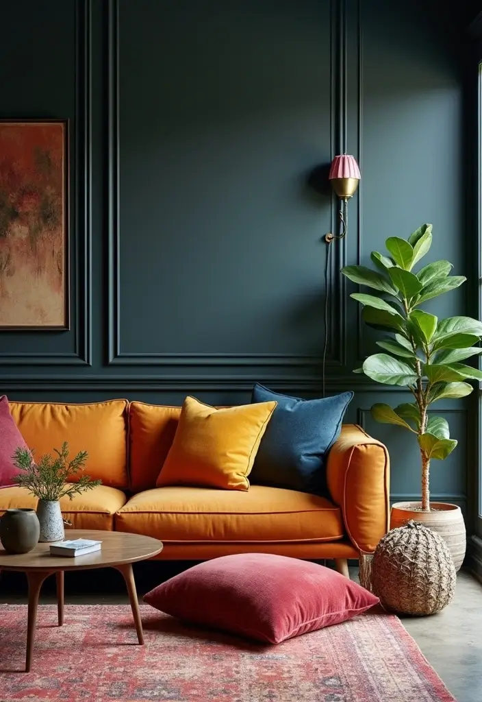 29 Living Room Dark Ideas That Feel Dramatic and Sophisticated - 10. Colorful Accessories