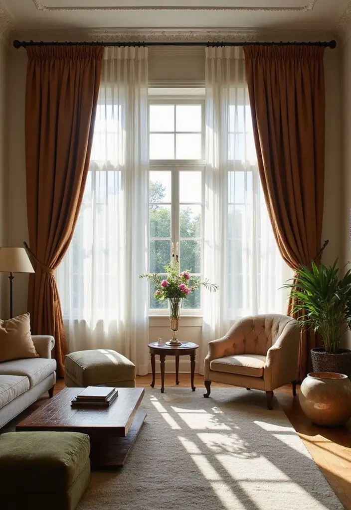 29 Living Room Dark Ideas That Feel Dramatic and Sophisticated - 11. Luxurious Curtains