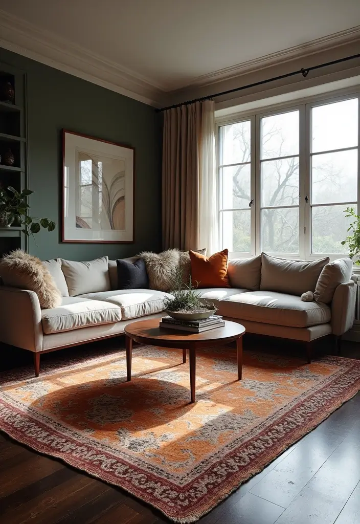 29 Living Room Dark Ideas That Feel Dramatic and Sophisticated - 12. Statement Rugs