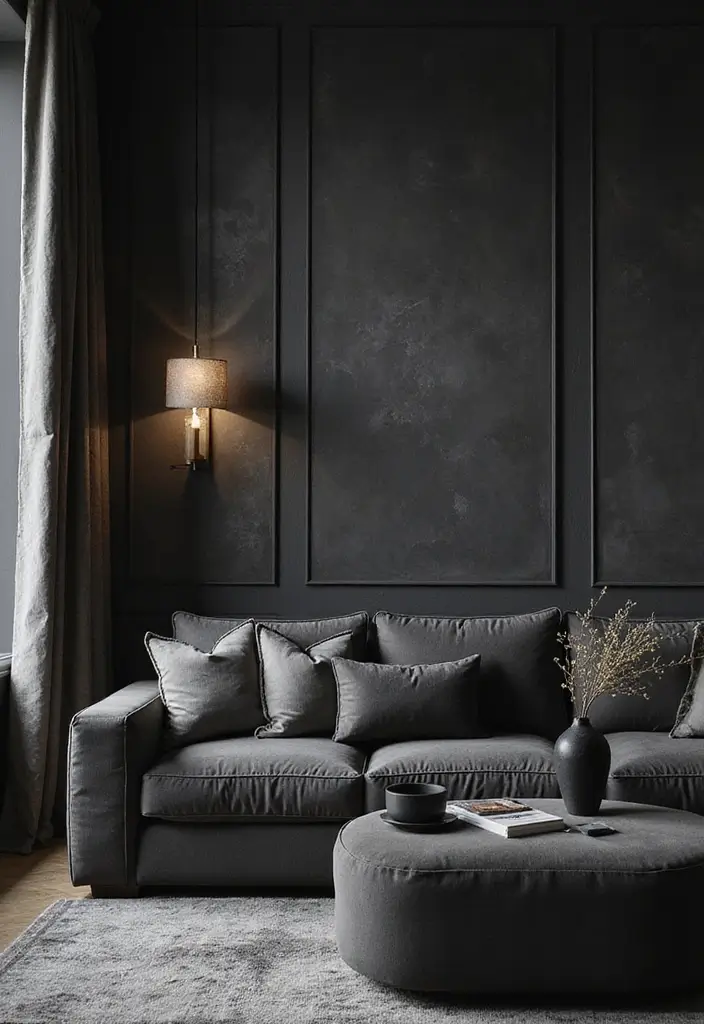 29 Living Room Dark Ideas That Feel Dramatic and Sophisticated - 17. Textured Wallpaper