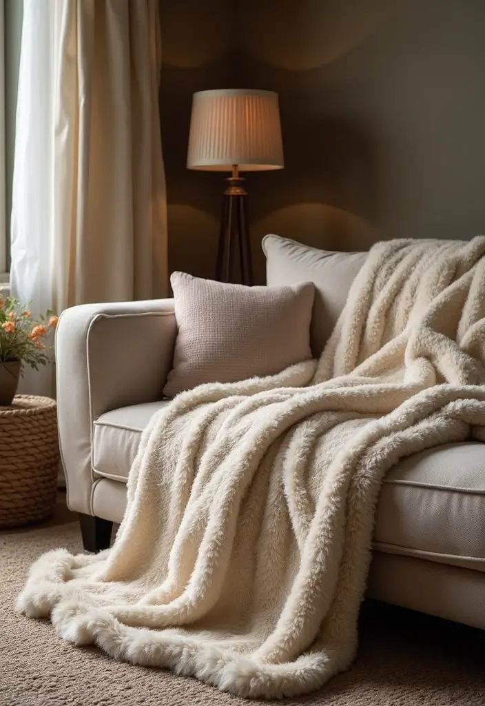 29 Living Room Dark Ideas That Feel Dramatic and Sophisticated - 18. Luxury Throw Blankets