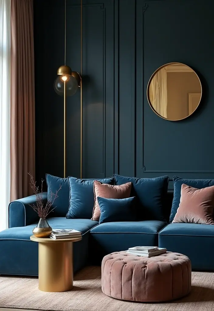 29 Living Room Dark Ideas That Feel Dramatic and Sophisticated - 2. Deep Navy Accents