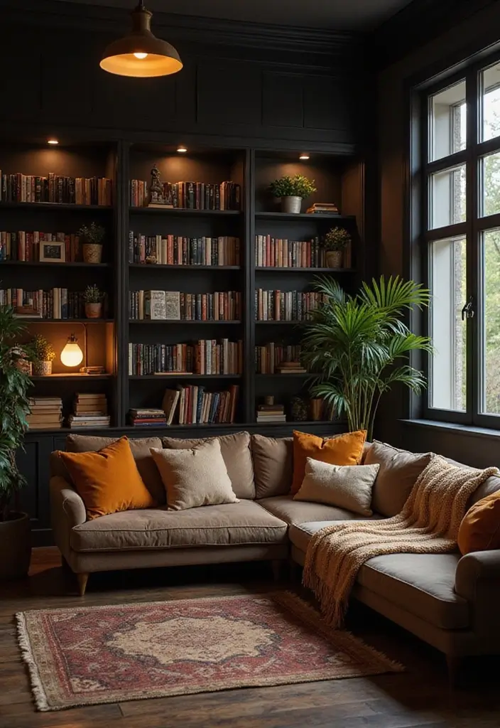 29 Living Room Dark Ideas That Feel Dramatic and Sophisticated - 22. Cozy Nooks