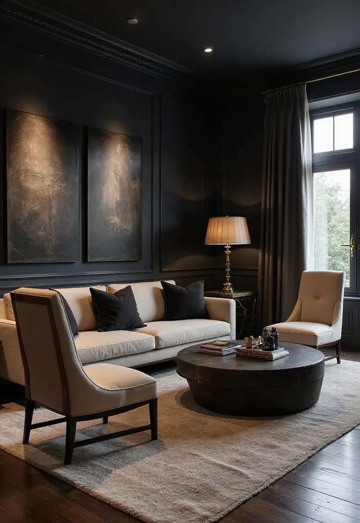 29 Living Room Dark Ideas That Feel Dramatic and Sophisticated - 23. Elegant Accent Furniture