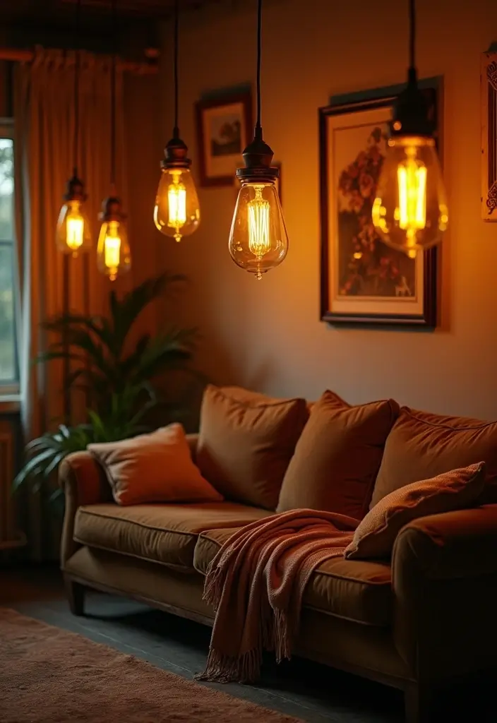 29 Living Room Dark Ideas That Feel Dramatic and Sophisticated - 25. Vintage Lighting