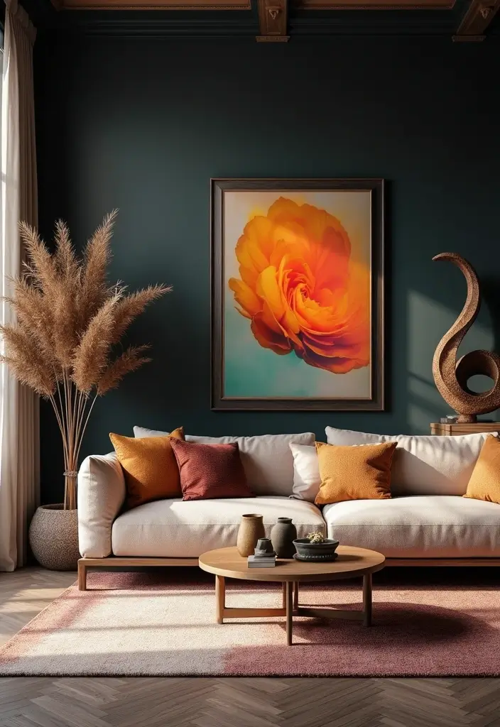 29 Living Room Dark Ideas That Feel Dramatic and Sophisticated - 26. Artistic Elements