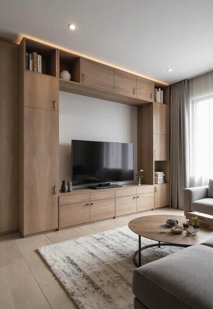 29 Living Room Dark Ideas That Feel Dramatic and Sophisticated - 27. Minimalist Storage Solutions