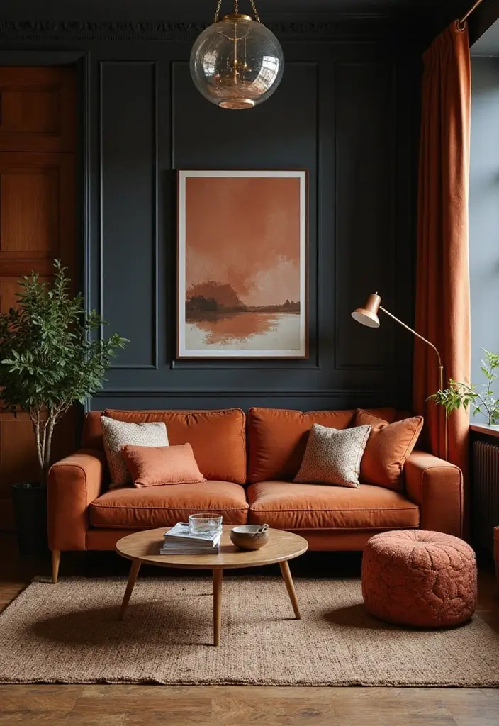 29 Living Room Dark Ideas That Feel Dramatic and Sophisticated - 29. Warm Color Accents
