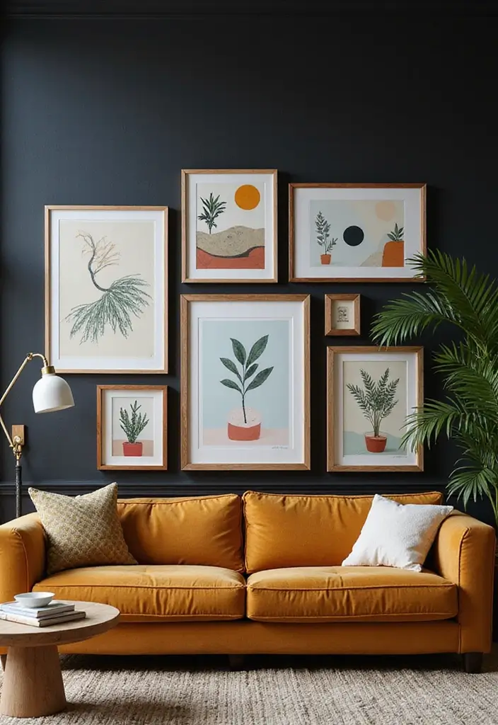 29 Living Room Dark Ideas That Feel Dramatic and Sophisticated - 7. Bold Artwork