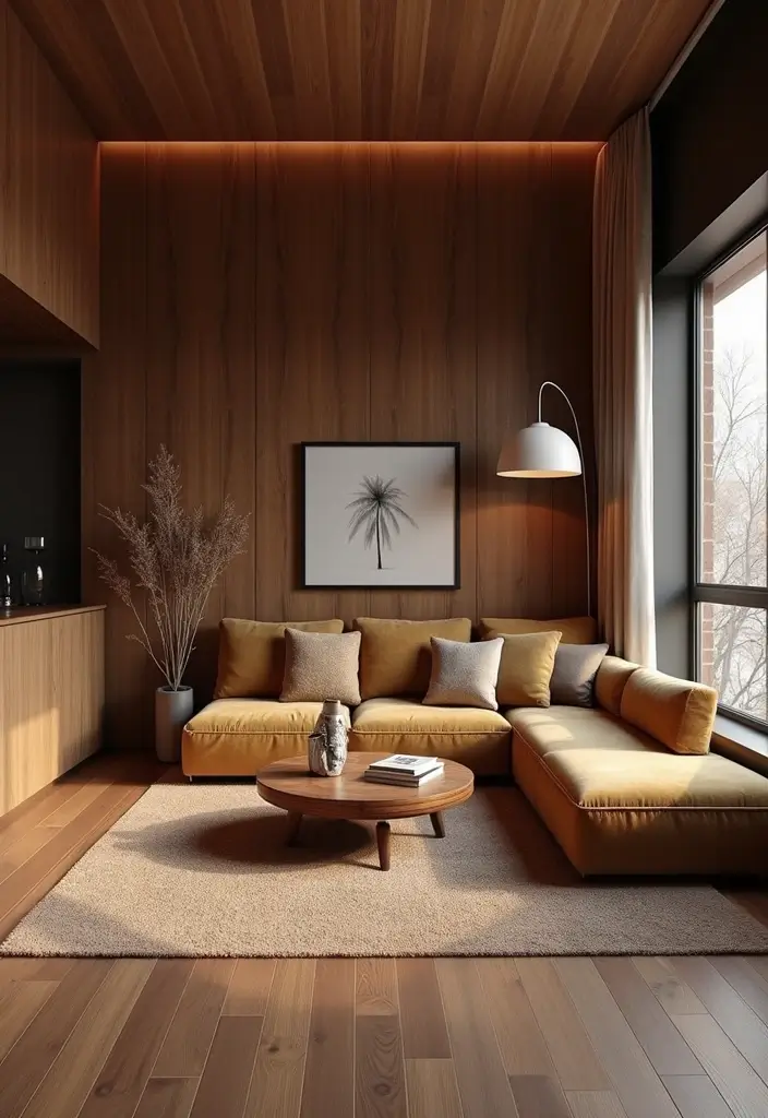 29 Living Room Dark Ideas That Feel Dramatic and Sophisticated - 9. Dark Wood Accents