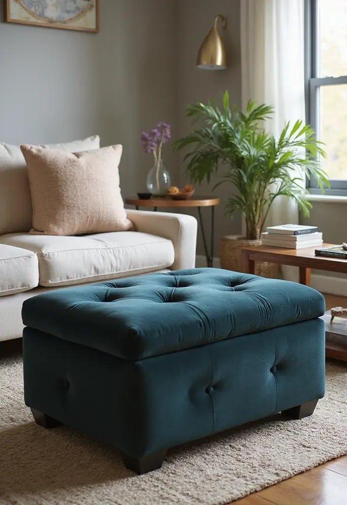 29 Ottoman Living Room Ideas That Add Comfort and Storage - 1. Chic Velvet Storage Ottoman