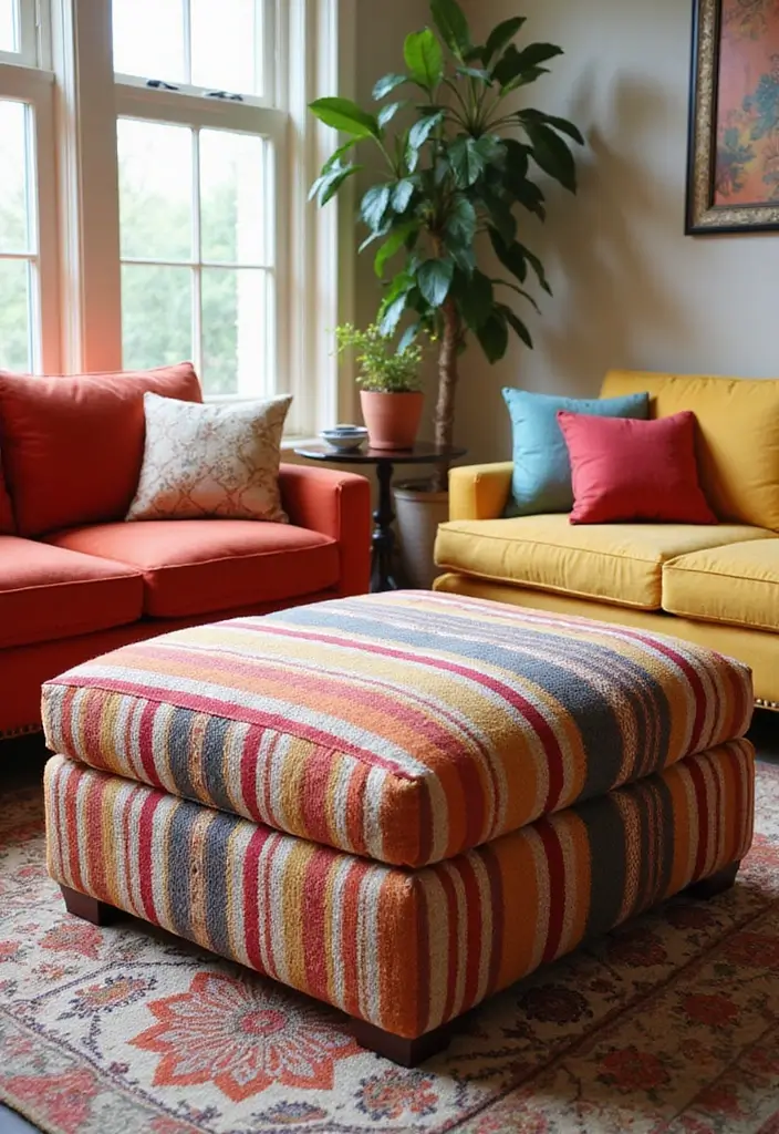 29 Ottoman Living Room Ideas That Add Comfort and Storage - 12. Ottoman with Fabric Stripes