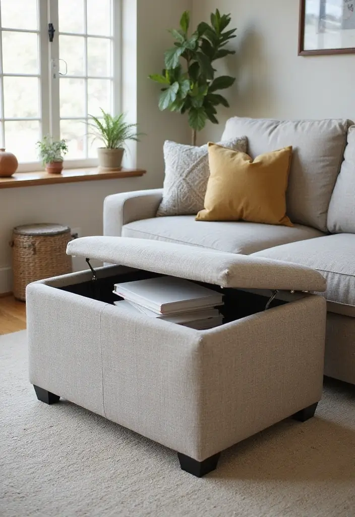 29 Ottoman Living Room Ideas That Add Comfort and Storage - 13. Fabric Ottoman with Pop-up Storage