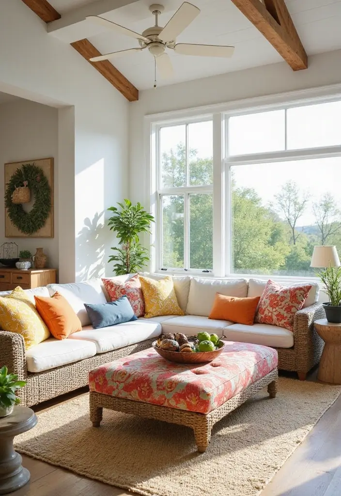 29 Ottoman Living Room Ideas That Add Comfort and Storage - 14. Outdoor-Inspired Ottoman