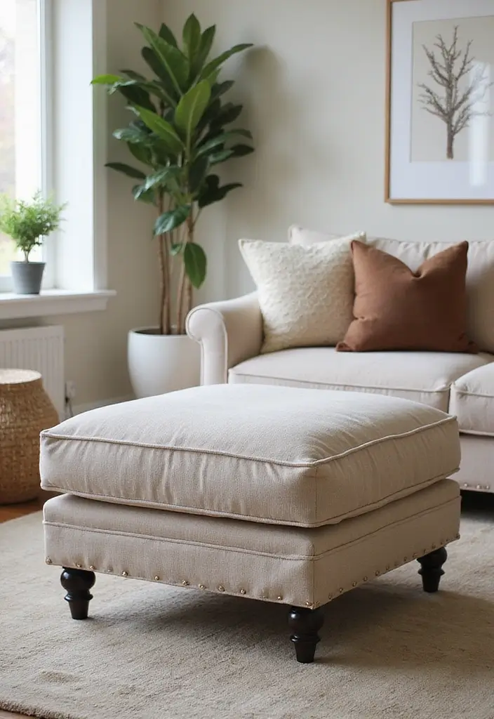 29 Ottoman Living Room Ideas That Add Comfort and Storage - 16. Upholstered Ottoman with Contrast Piping