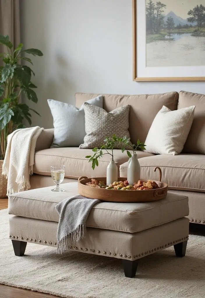 29 Ottoman Living Room Ideas That Add Comfort and Storage - 17. Ottoman with a Built-in Tray