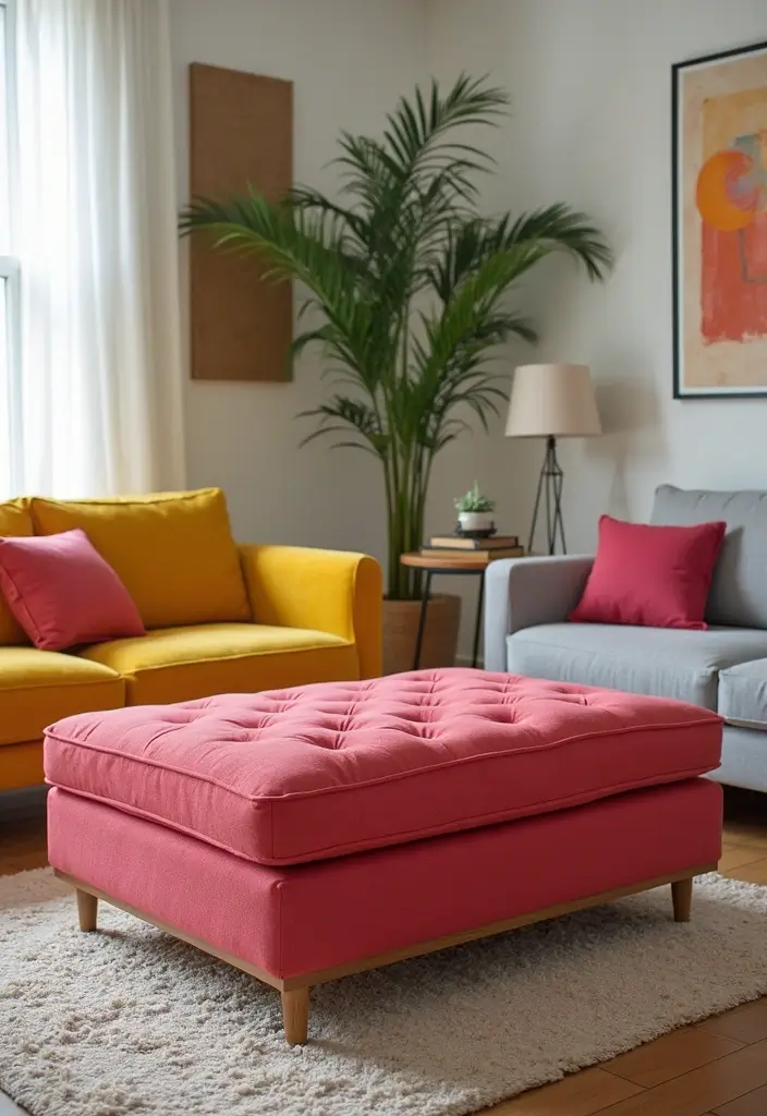 29 Ottoman Living Room Ideas That Add Comfort and Storage - 19. Ottoman with Bright Upholstery