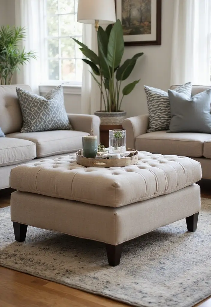 29 Ottoman Living Room Ideas That Add Comfort and Storage - 2. Multi-functional Ottoman Table