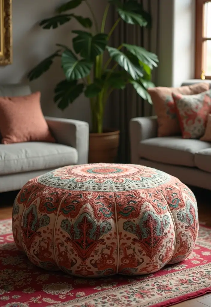 29 Ottoman Living Room Ideas That Add Comfort and Storage - 20. Ottoman with Embroidered Details