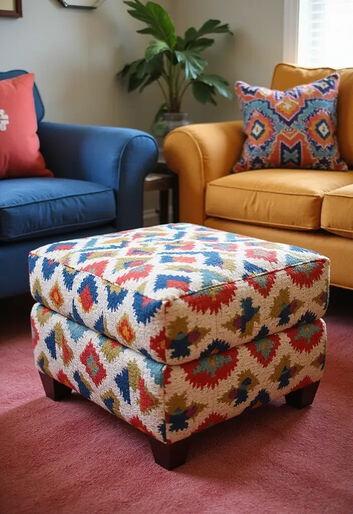 29 Ottoman Living Room Ideas That Add Comfort and Storage - 23. Ottoman with Bold Geometric Prints