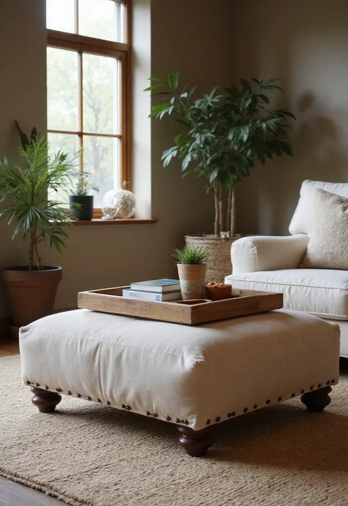 29 Ottoman Living Room Ideas That Add Comfort and Storage - 24. Ottoman with Wooden Top