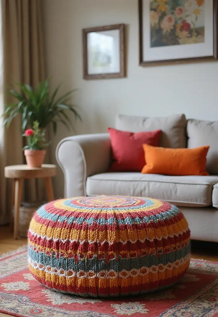 29 Ottoman Living Room Ideas That Add Comfort and Storage - 25. Ottoman with Colorful Knitted Cover