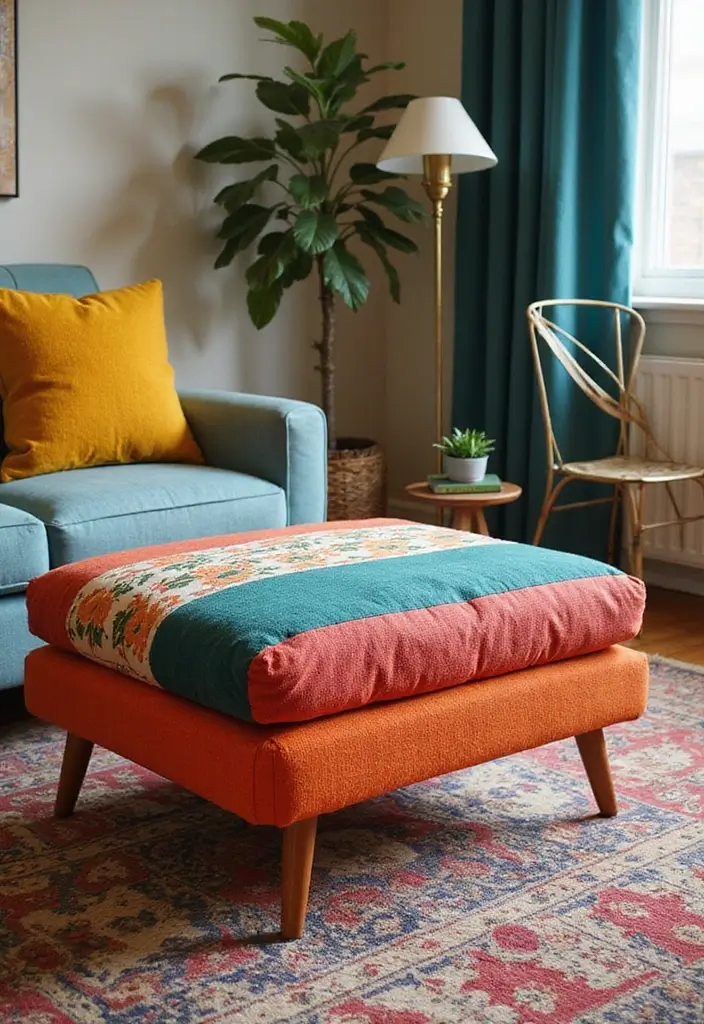 29 Ottoman Living Room Ideas That Add Comfort and Storage - 26. Ottoman with a Retro Twist
