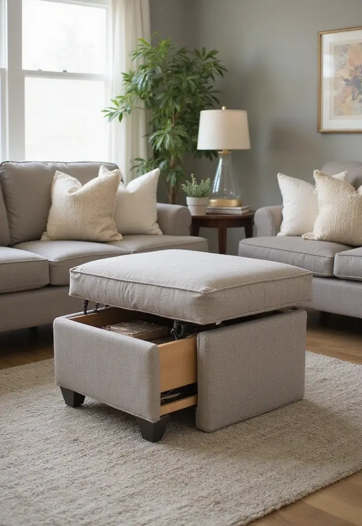 29 Ottoman Living Room Ideas That Add Comfort and Storage - 27. Ottoman with Hidden Footrest