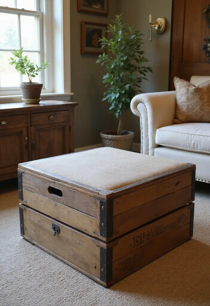 29 Ottoman Living Room Ideas That Add Comfort and Storage - 28. Ottoman with a Crate Design