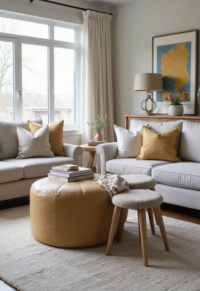 29 Ottoman Living Room Ideas That Add Comfort and Storage - 3. Ottoman with Nested Stools