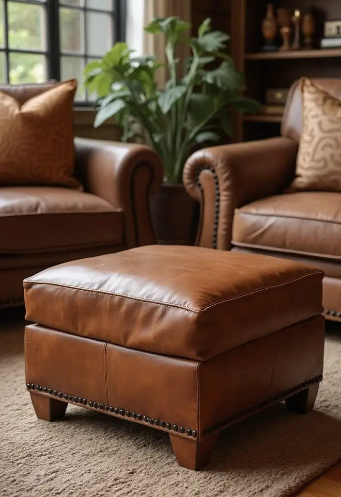 29 Ottoman Living Room Ideas That Add Comfort and Storage - 5. Rustic Leather Ottoman