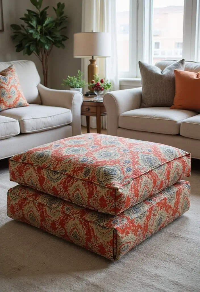 29 Ottoman Living Room Ideas That Add Comfort and Storage - 8. Decorative Ottoman with Patterned Fabric