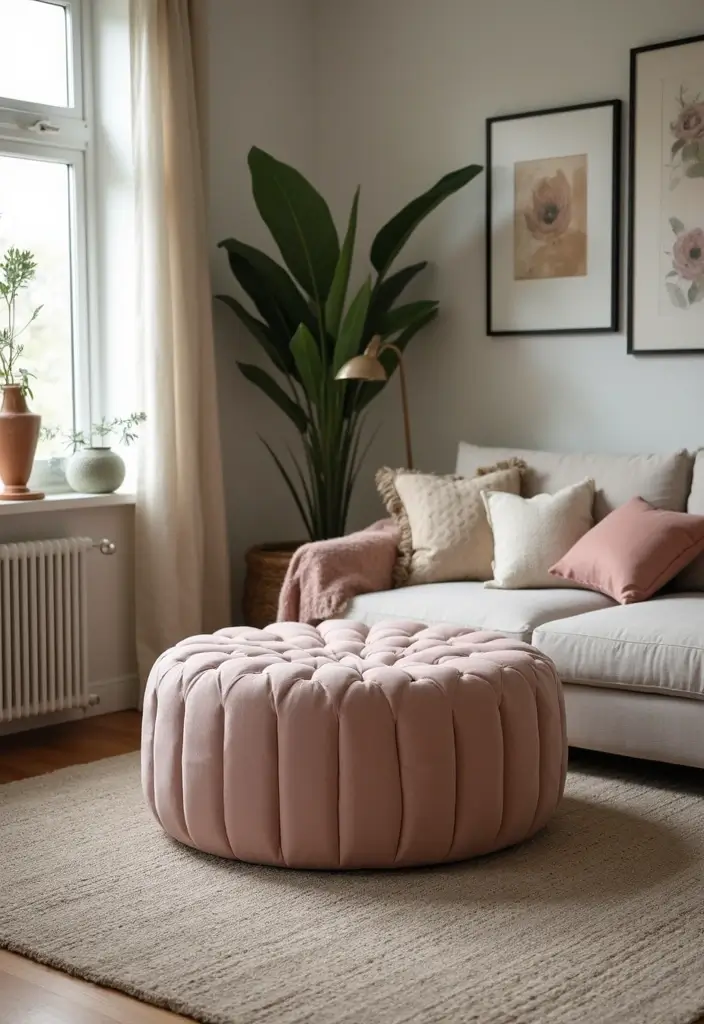 29 Ottoman Living Room Ideas That Add Comfort and Storage - 9. Round Ottoman for Small Spaces