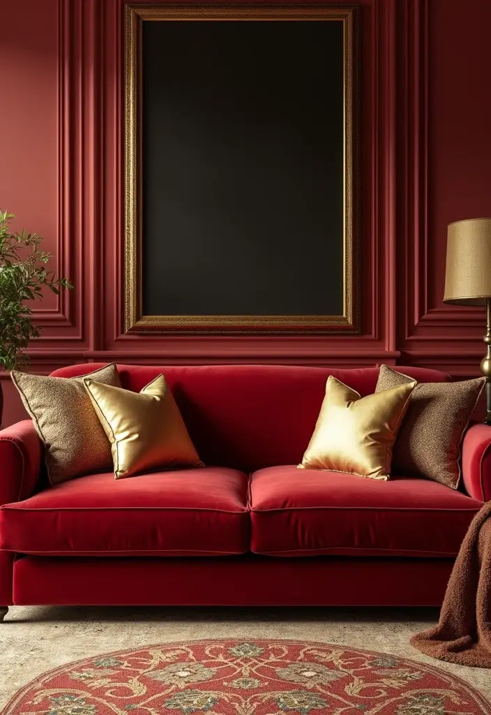 29 Red and Gold Living Room Decor Ideas That Feel Festive and Luxurious - 1. Opulent Red Velvet Sofa