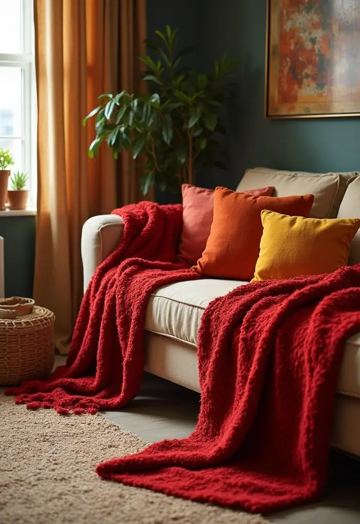 29 Red and Gold Living Room Decor Ideas That Feel Festive and Luxurious - 13. Cozy Blankets and Throws