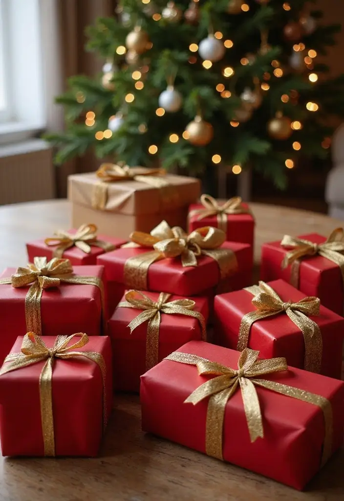 29 Red and Gold Living Room Decor Ideas That Feel Festive and Luxurious - 14. Beautifully Wrapped Gifts