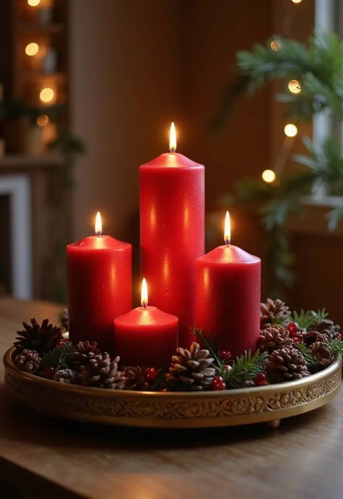 29 Red and Gold Living Room Decor Ideas That Feel Festive and Luxurious - 17. Sparkling Candle Arrangements