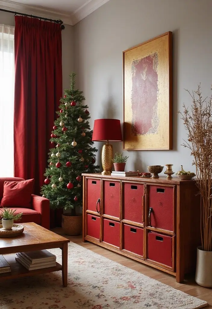 29 Red and Gold Living Room Decor Ideas That Feel Festive and Luxurious - 18. Stylish Storage Solutions