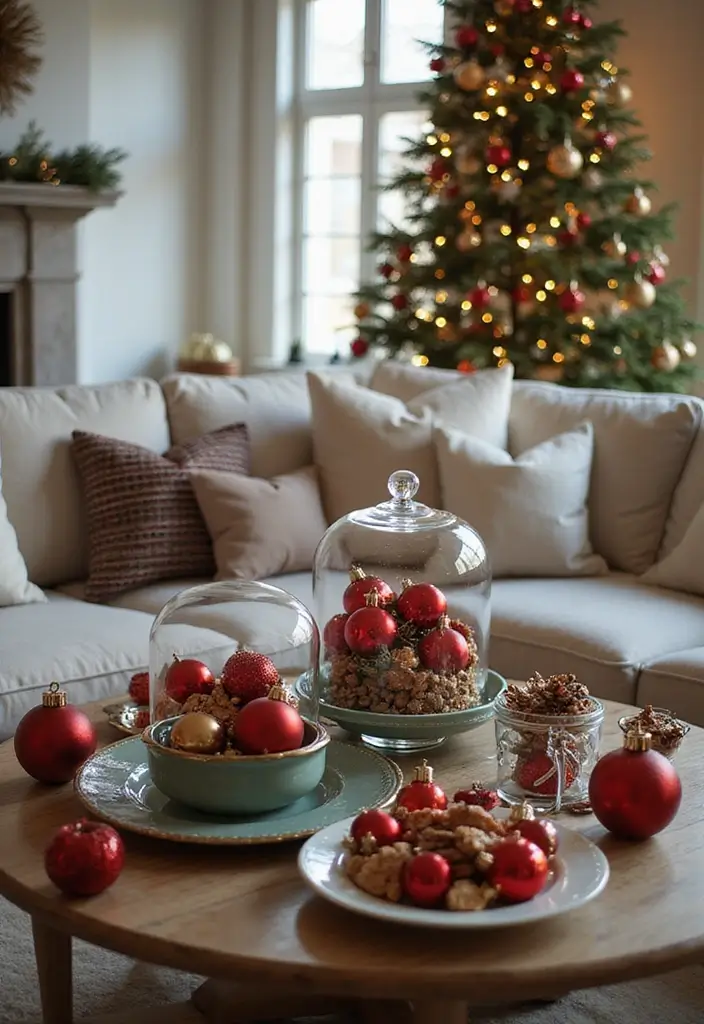 29 Red and Gold Living Room Decor Ideas That Feel Festive and Luxurious - 20. Unique Ornament Displays