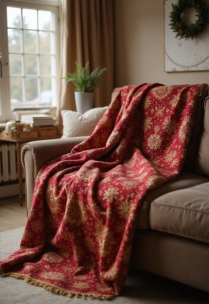 29 Red and Gold Living Room Decor Ideas That Feel Festive and Luxurious - 21. Festive Theme Throws