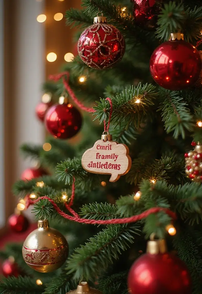 29 Red and Gold Living Room Decor Ideas That Feel Festive and Luxurious - 24. Personalized Family Ornaments