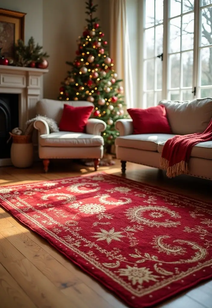 29 Red and Gold Living Room Decor Ideas That Feel Festive and Luxurious - 26. Holiday-Themed Throw Rugs