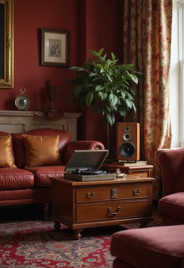 29 Red and Gold Living Room Decor Ideas That Feel Festive and Luxurious - 29. Festive Holiday Music Corner