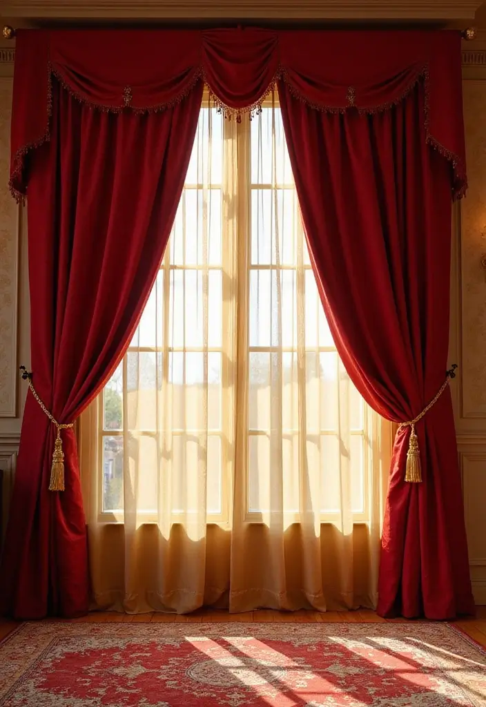 29 Red and Gold Living Room Decor Ideas That Feel Festive and Luxurious - 3. Rich Red Drapes