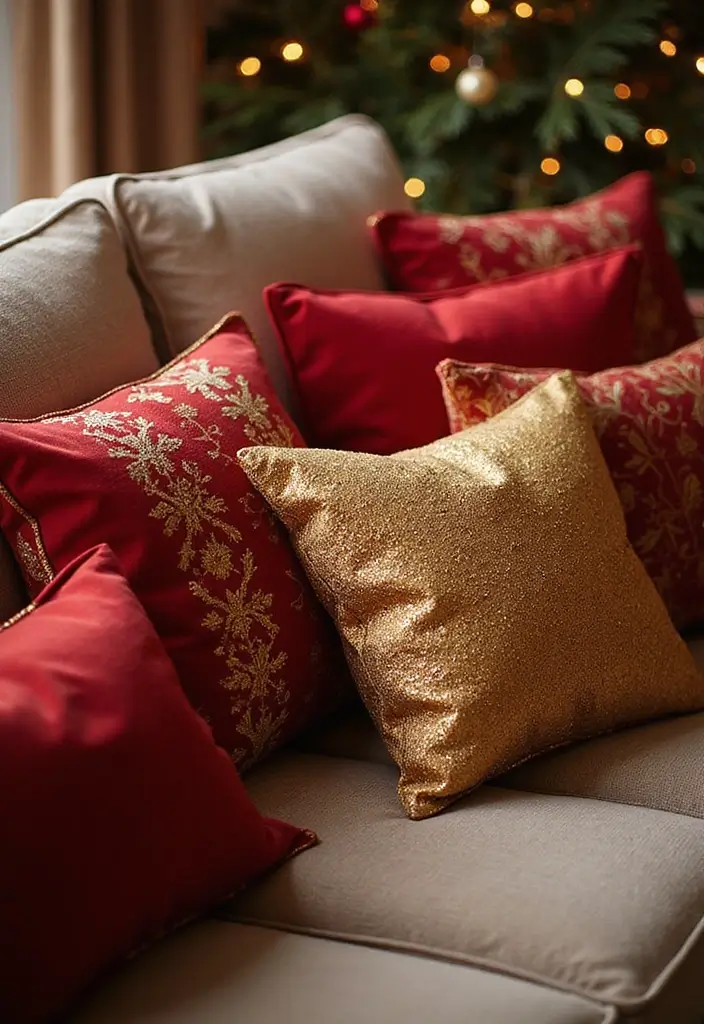 29 Red and Gold Living Room Decor Ideas That Feel Festive and Luxurious - 4. Red and Gold Throw Pillows