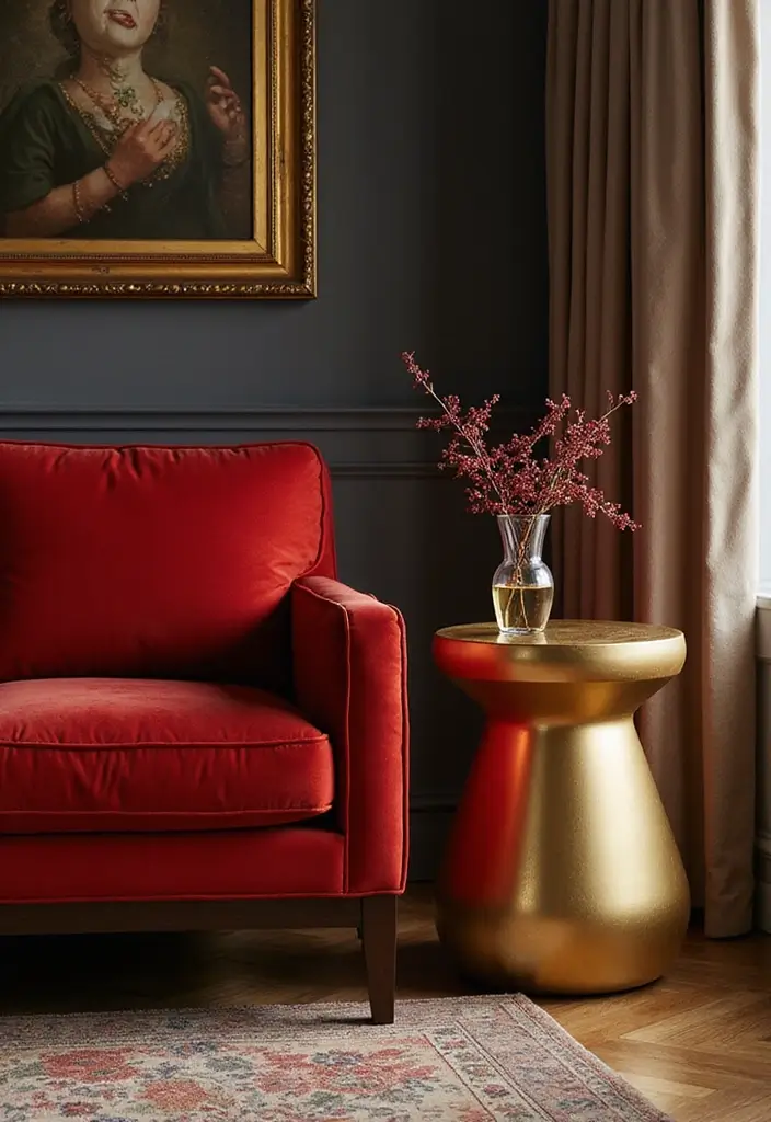 29 Red and Gold Living Room Decor Ideas That Feel Festive and Luxurious - 8. Gold Accent Furniture