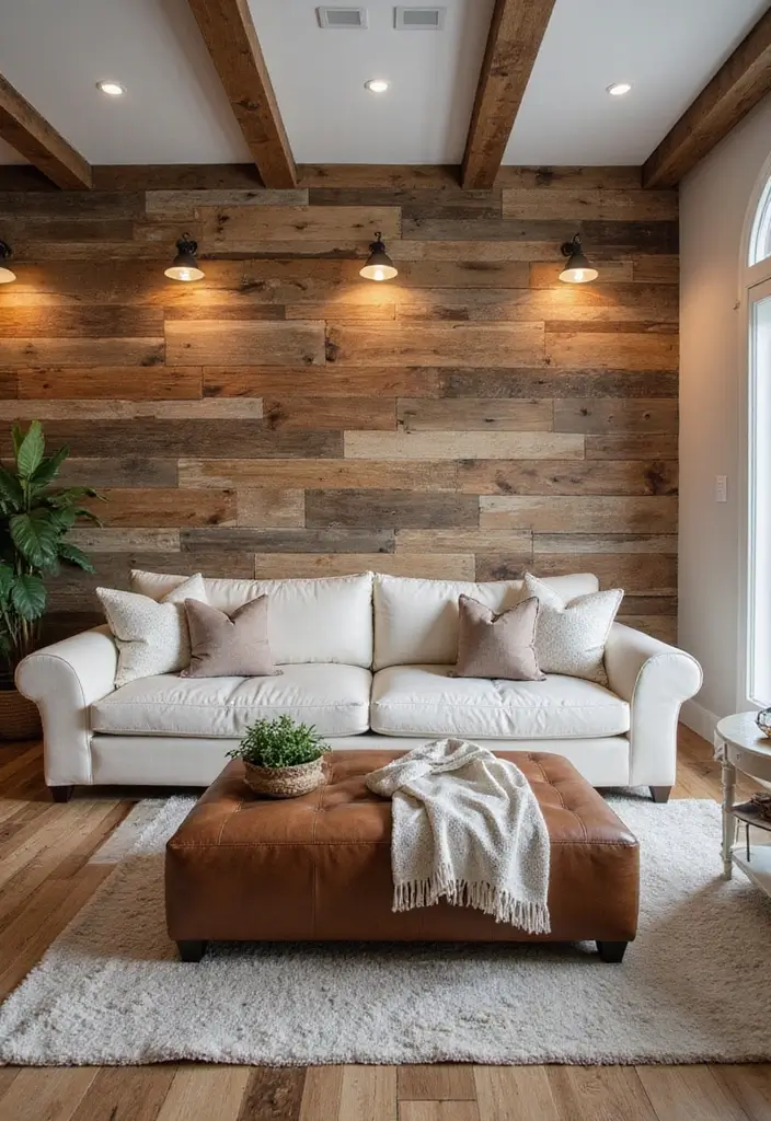 29 Rustic Cabin Living Room Ideas That Feel Warm and Inviting - 1. Embrace Reclaimed Wood Walls
