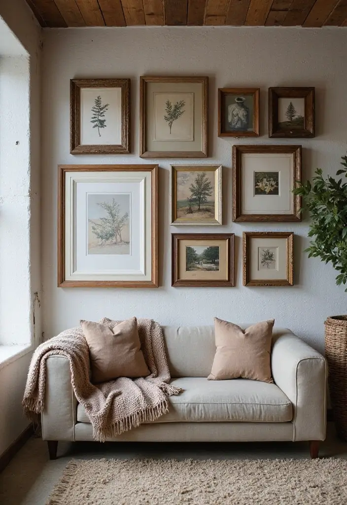 29 Rustic Cabin Living Room Ideas That Feel Warm and Inviting - 13. Feature a Gallery Wall