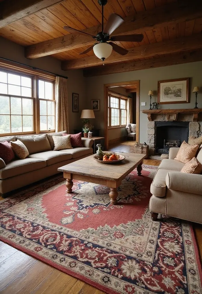 29 Rustic Cabin Living Room Ideas That Feel Warm and Inviting - 14. Create a Focal Point with a Rug