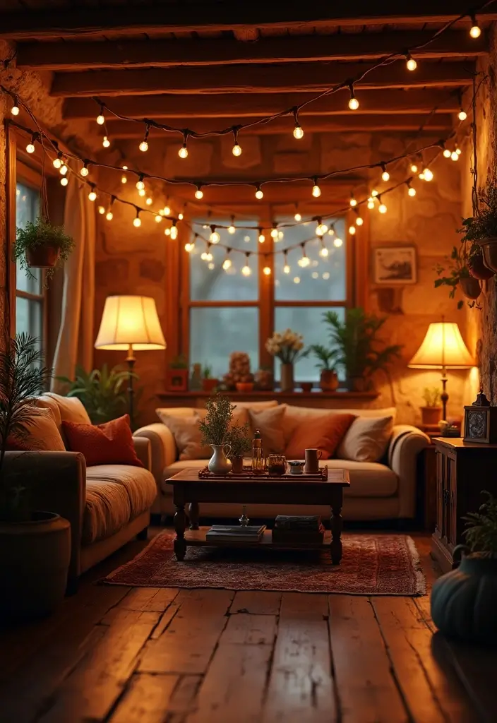 29 Rustic Cabin Living Room Ideas That Feel Warm and Inviting - 15. Add Warm Lighting